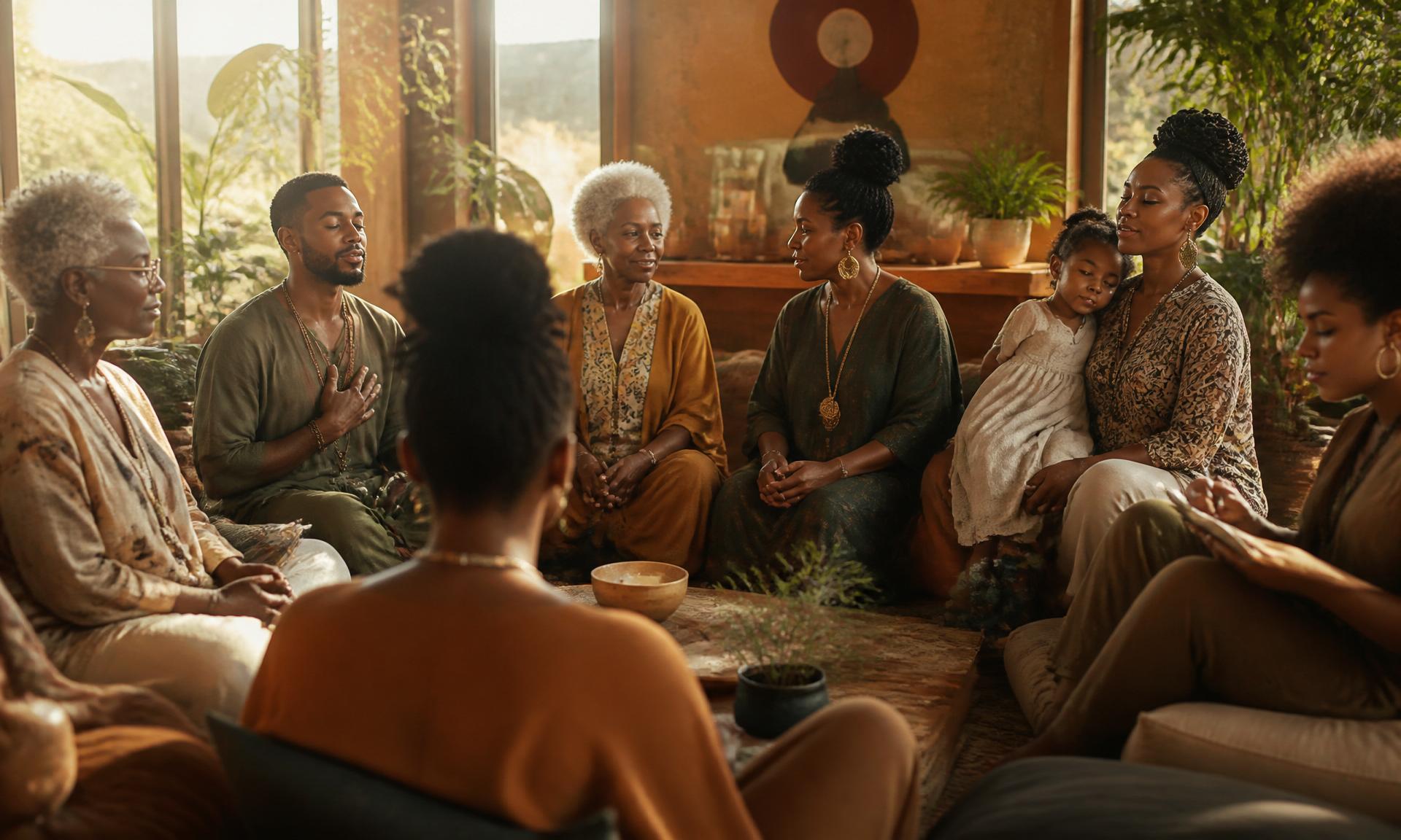 Intergenerational Black community gathered in a warm, sunlit healing circle with plants and natural wood.