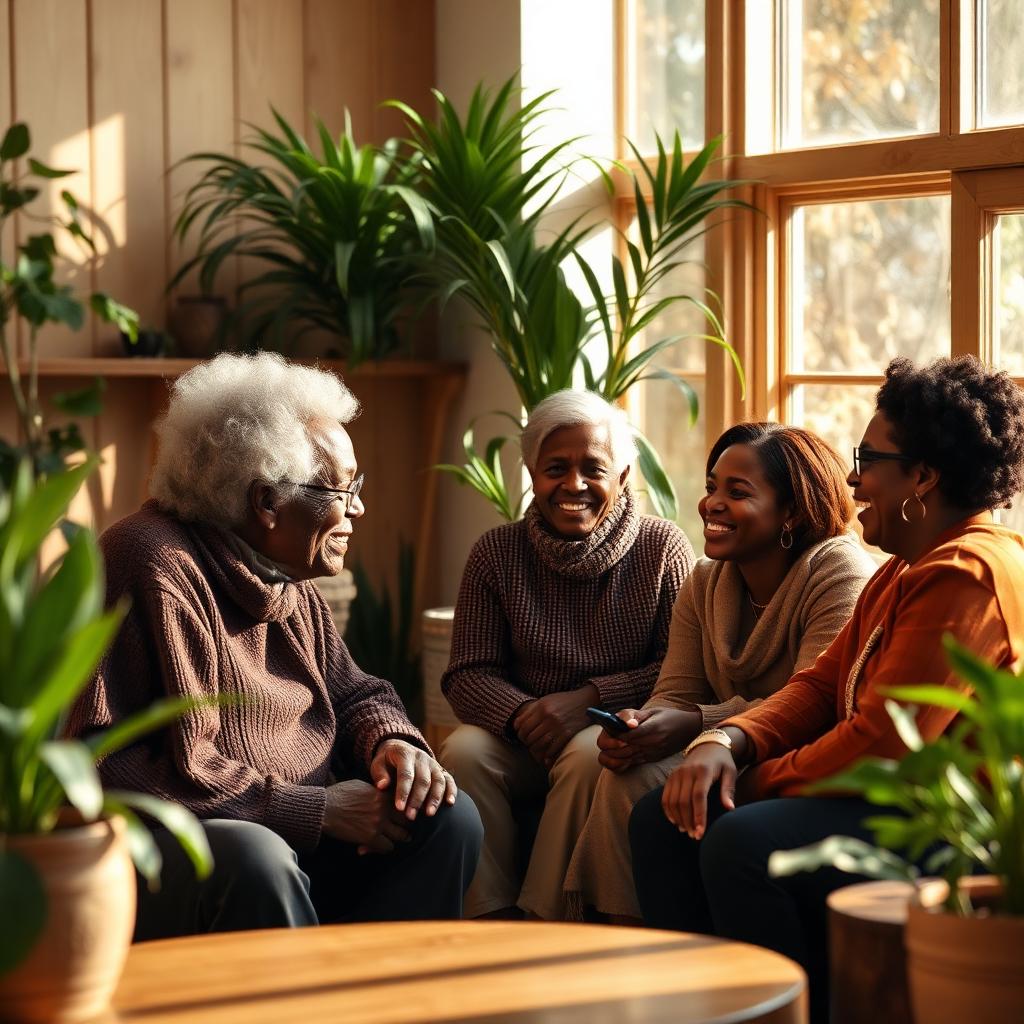 Black elders and young adults in warm community conversation.