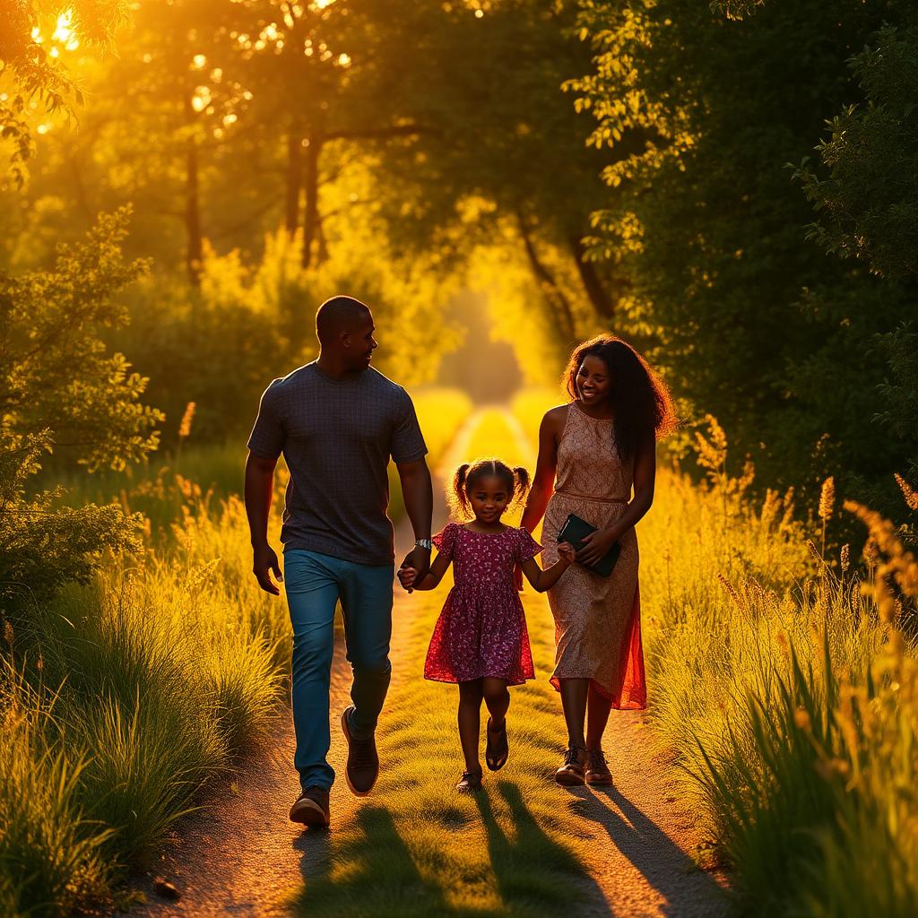 A Black family walking together through a golden nature trail.
