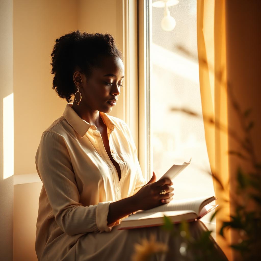 A Black woman journaling in warm morning sunlight.