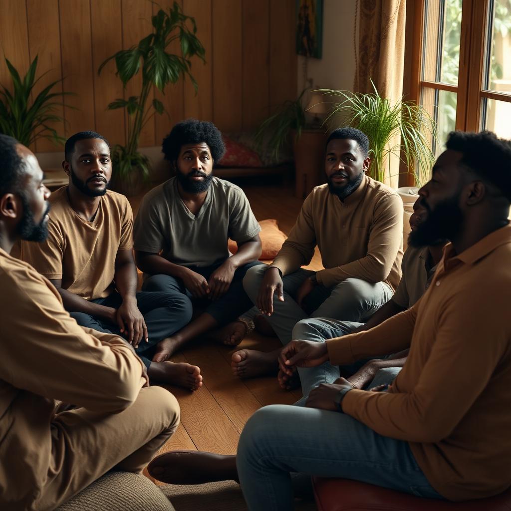 Black men gathered in a healing circle.