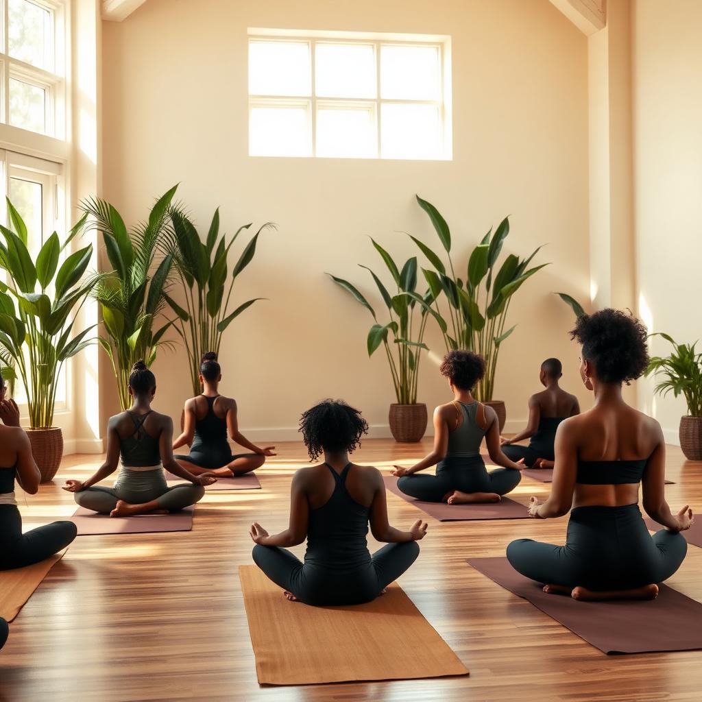 A Black yoga and breathwork class in a sunlit studio.